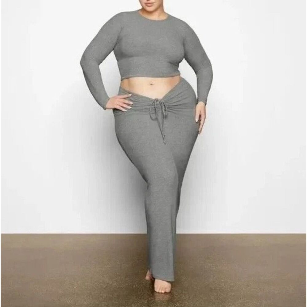 SKIMS Soft Lounge Ruched Long Skirt Heather Grey Plus Size 4X Ribbed Modal